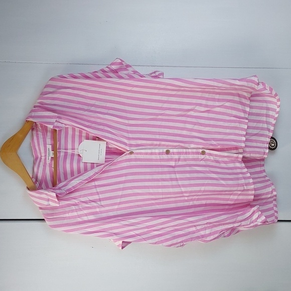 Beach Lunch Lounge Pink White stripe Lightweight flowy Top buttons Sz.XL - Picture 1 of 8
